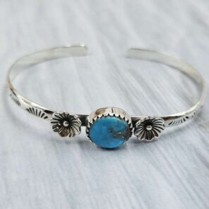 Kingman Turquoise Southwest Bangle Adjustable Sterling Silver Bangle (REXT93-101)
