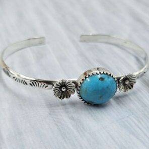Kingman Turquoise Southwest Bangle Adjustable Sterling Silver Bangle (REXT93-98)