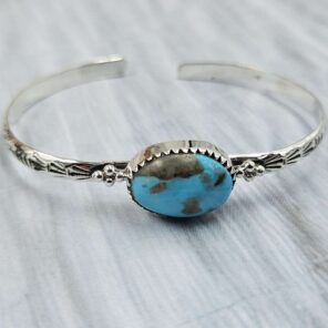 Kingman Turquoise Southwest Bangle Adjustable Sterling Silver Bangle (REXT93-97)