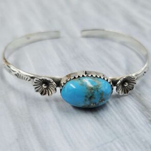 Kingman Turquoise Southwest Bangle Adjustable Sterling Silver Bangle (REXT93-95)