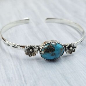 Kingman Turquoise Southwest Bangle Adjustable Sterling Silver Bangle (REXT93-92)