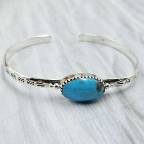 Kingman Turquoise Southwest Bangle Adjustable Sterling Silver Bangle (REXT93-34)