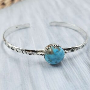 Kingman Turquoise Southwest Bangle Adjustable Sterling Silver Bangle (REXT93-29)