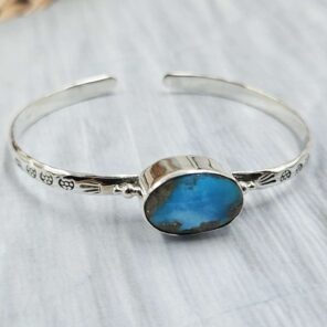Kingman Turquoise Southwest Bangle Adjustable Sterling Silver Bangle (REXT93-27)