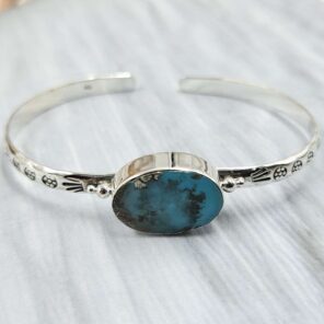 Kingman Turquoise Southwest Bangle Adjustable Sterling Silver Bangle (REXT93-33)