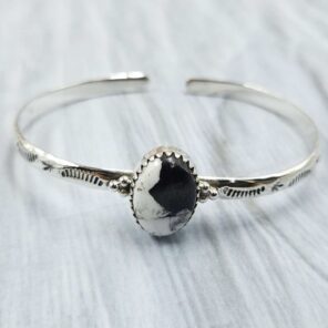 White Buffalo Turquoise Southwest Bangle Adjustable Sterling Silver Bangle (REXT93-52)