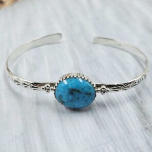 Kingman Turquoise Southwest Bangle Adjustable Sterling Silver Bangle (REXT93-45)