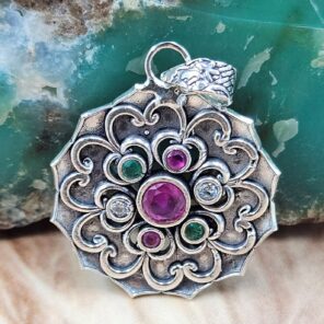 Emerald , Ruby & Cubic Zirconia 1.5" 925 Sterling Silver Pendant (RS38-67)