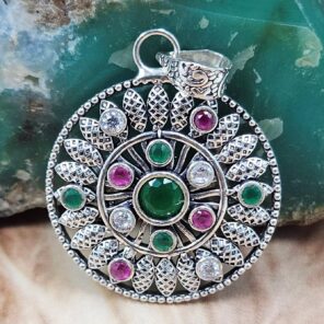 White Topaz , Ruby & Emerald 1.5" 925 Sterling Silver Pendant (RS38-74)