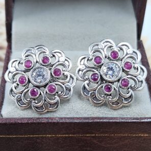 Cubic Zirconia & Ruby 1" 925 Sterling Silver Stud Earrings (RS38-87)