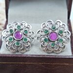 Emerald , Cubic Zirconia & Ruby 1" 925 Sterling Silver Stud Earrings (RS38-89)