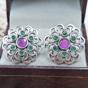 Emerald , Cubic Zirconia & Ruby 1" 925 Sterling Silver Stud Earrings (RS38-89)