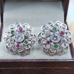 Emerald , Ruby & Cubic Zirconia 1" 925 Sterling Silver Stud Earrings (RS38-93)