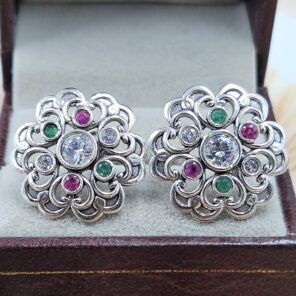Emerald , Ruby & Cubic Zirconia 1" 925 Sterling Silver Stud Earrings (RS38-93)
