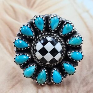 Black Onyx Checkerboard & Kingman Turquoise 925 Sterling Silver Ring (RS20-369)