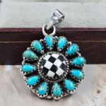 Black Onyx Checkerboard & Kingman Turquoise 925 Sterling Silver Pendant (RS20-367)