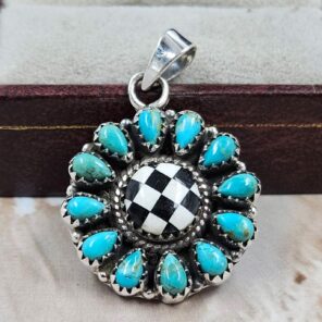 Black Onyx Checkerboard & Kingman Turquoise 925 Sterling Silver Pendant (RS20-367)