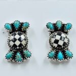 Black Onyx Checkerboard & Kingman Turquoise 925 Sterling Silver Stud Earrings (RS20-368)