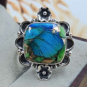 Peacock Dahlia Turquoise Size US 11 925 Sterling Silver Ring (REXT162-51)