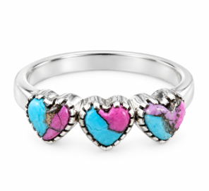 Cotton Candy Turquoise Triple Hearts 925 Sterling Silver Ring (RS9-342)