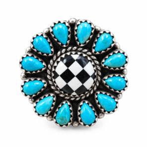 Black Onyx Checkerboard & Kingman Turquoise 925 Sterling Silver Ring (RS20-369)
